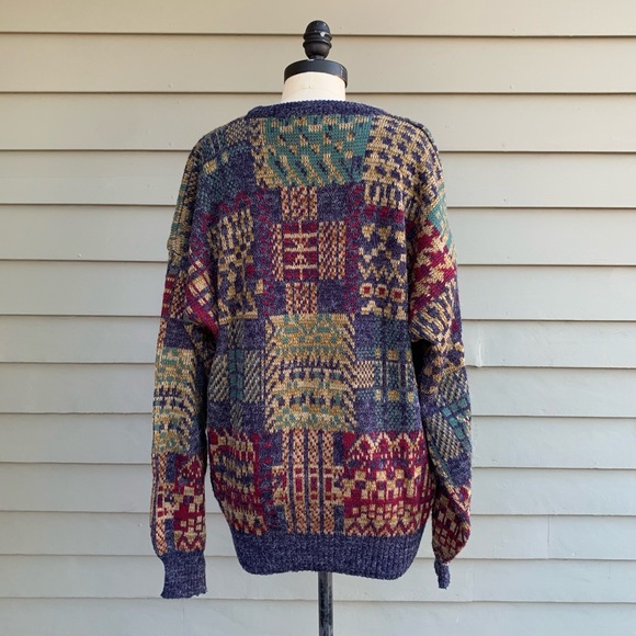 Vintage 80s Colorful Multicolor Geometric Loud Cosby Grandpa Plaid Sweater XL - Picture 8 of 17